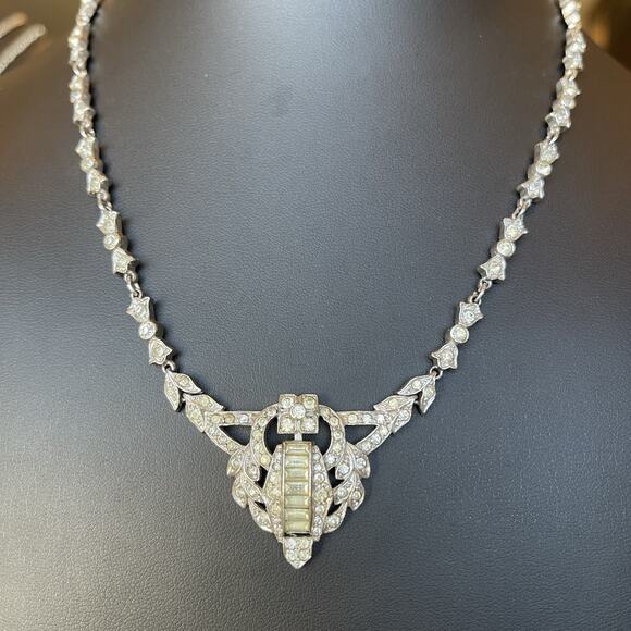 Rare 1930s Signed KTF Trifari ART DECO Rhinestone Necklace 17” Rhodium Plated - Picture 10 of 10